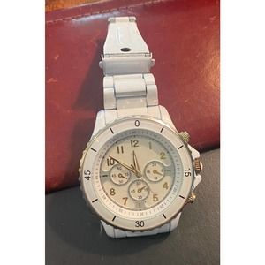 Women's 50mm Aldo Watch, White Metal Band and Case, Rotating Bezel